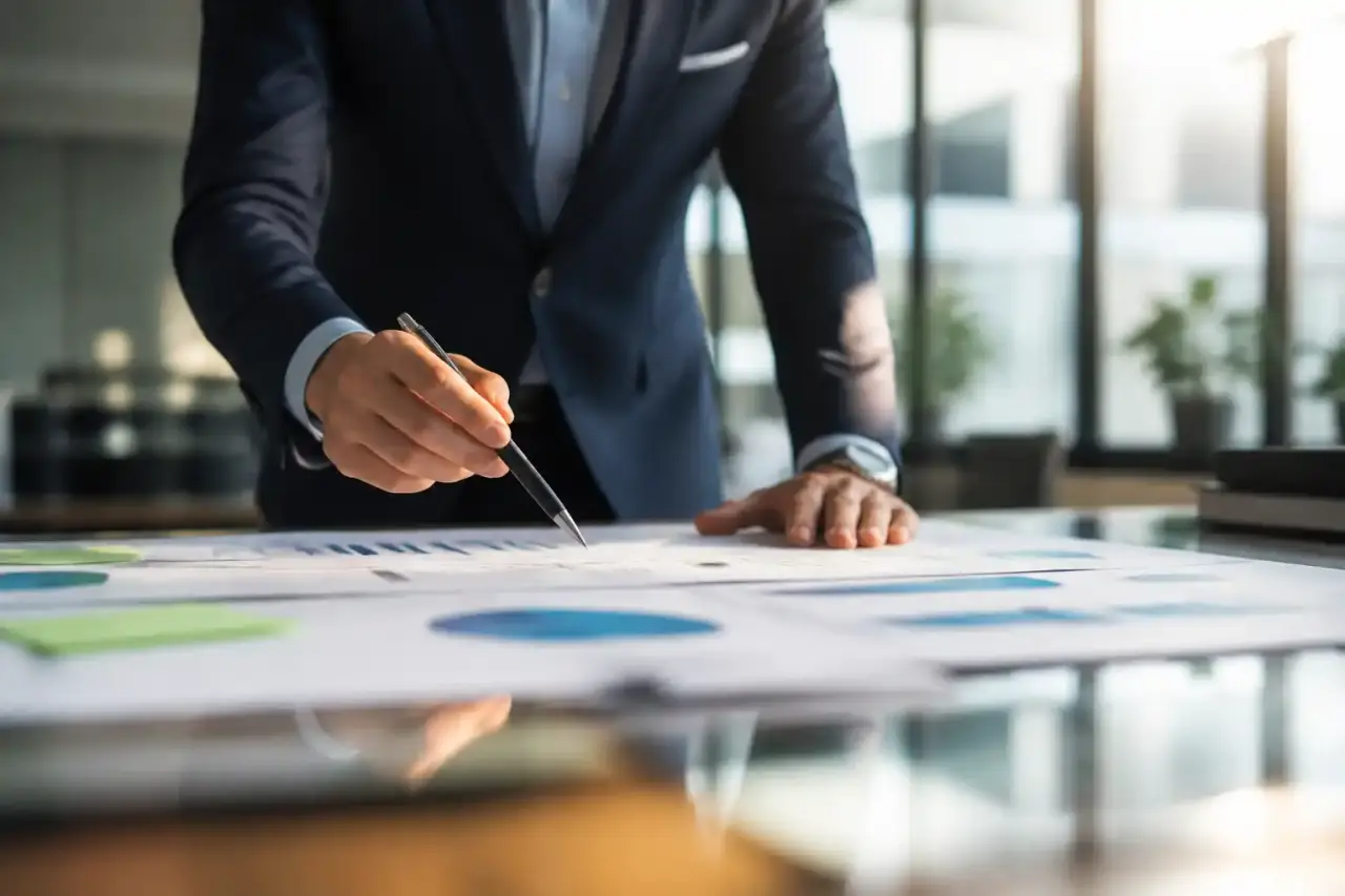 Dirigeants analysant un plan stratégique dans une salle de conseil moderne
