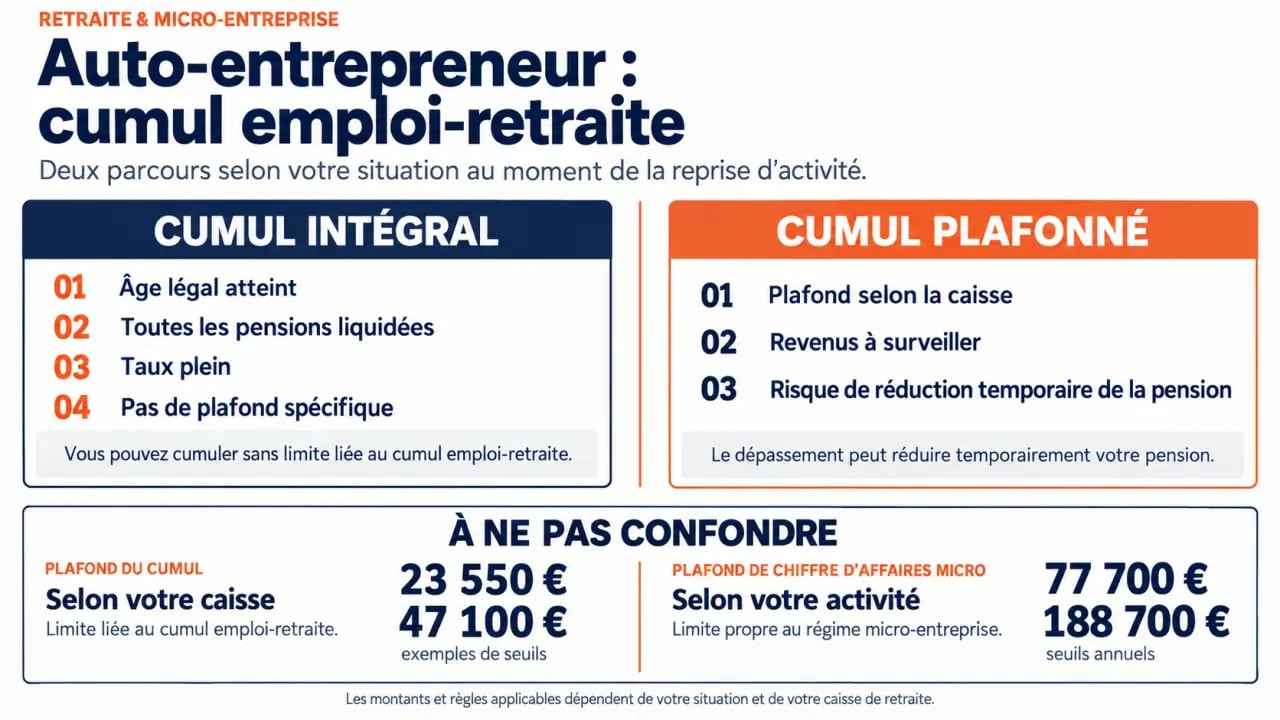 Infographie sur le cumul auto entrepreneur et retraite : cumul intégral, cumul plafonné et principaux seuils