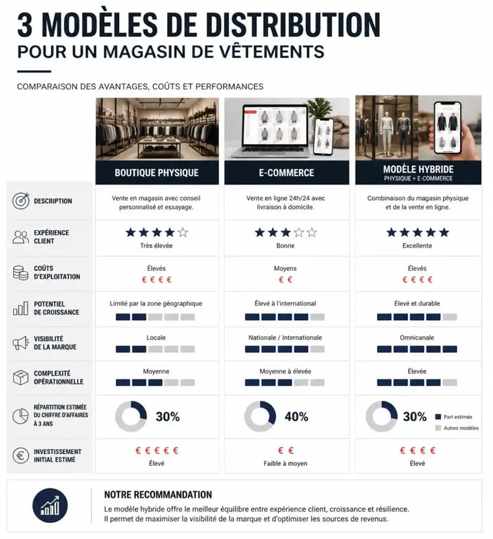 Comparatif des modèles de distribution pour ouvrir un magasin de vêtements : physique, en ligne et hybride