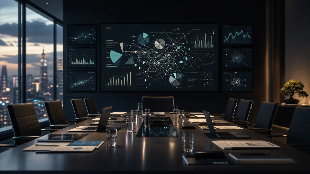 Bureau corporate moderne en verre avec ambiance sombre et reflets urbains