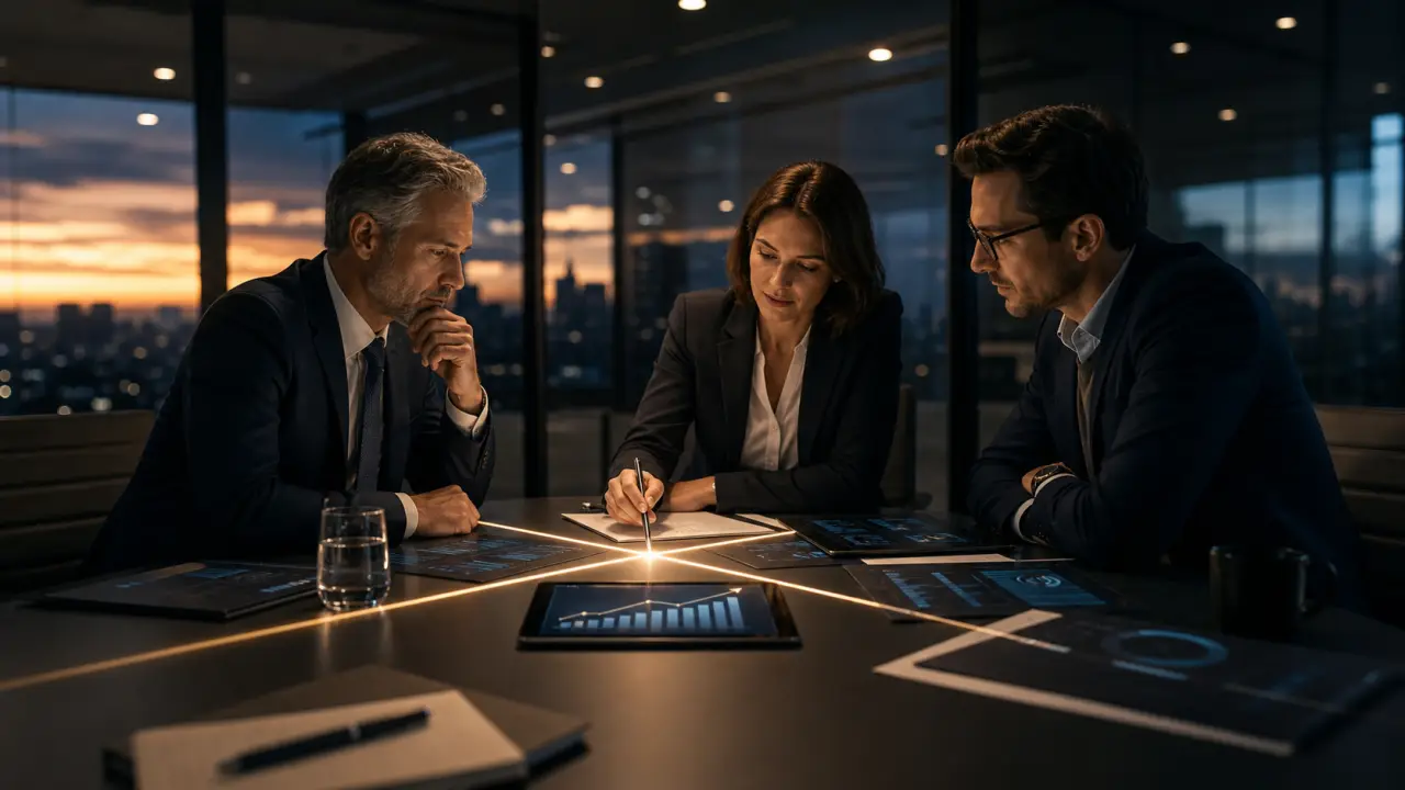 Bureau corporate moderne, ambiance stratégique, vue sur quartier d'affaires