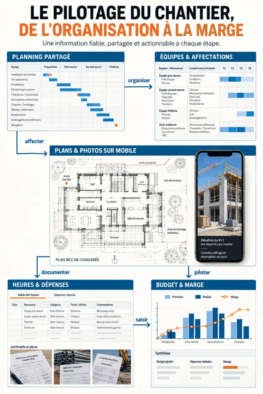 Infographie sur les fonctionnalités d’un logiciel de gestion de chantier, du planning au suivi de la rentabilité