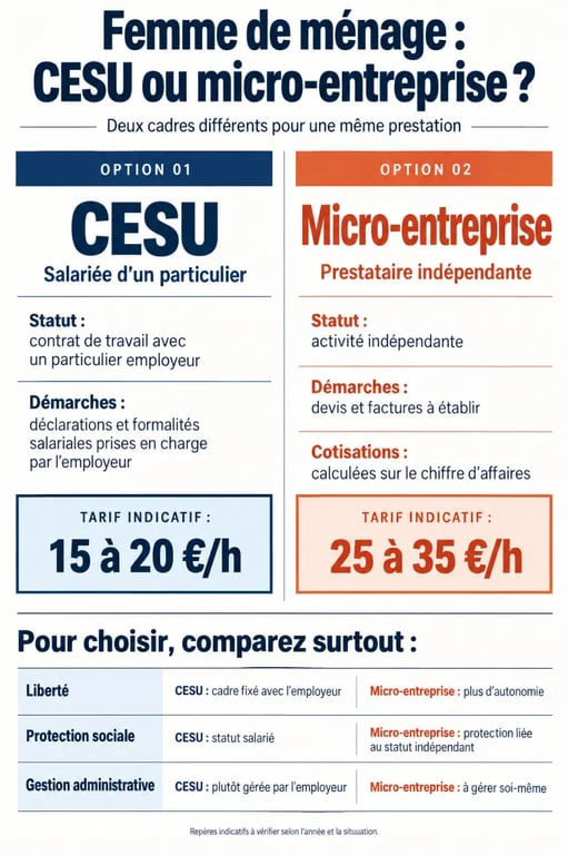 Infographie CESU ou micro-entreprise pour une auto entrepreneur femme de menage