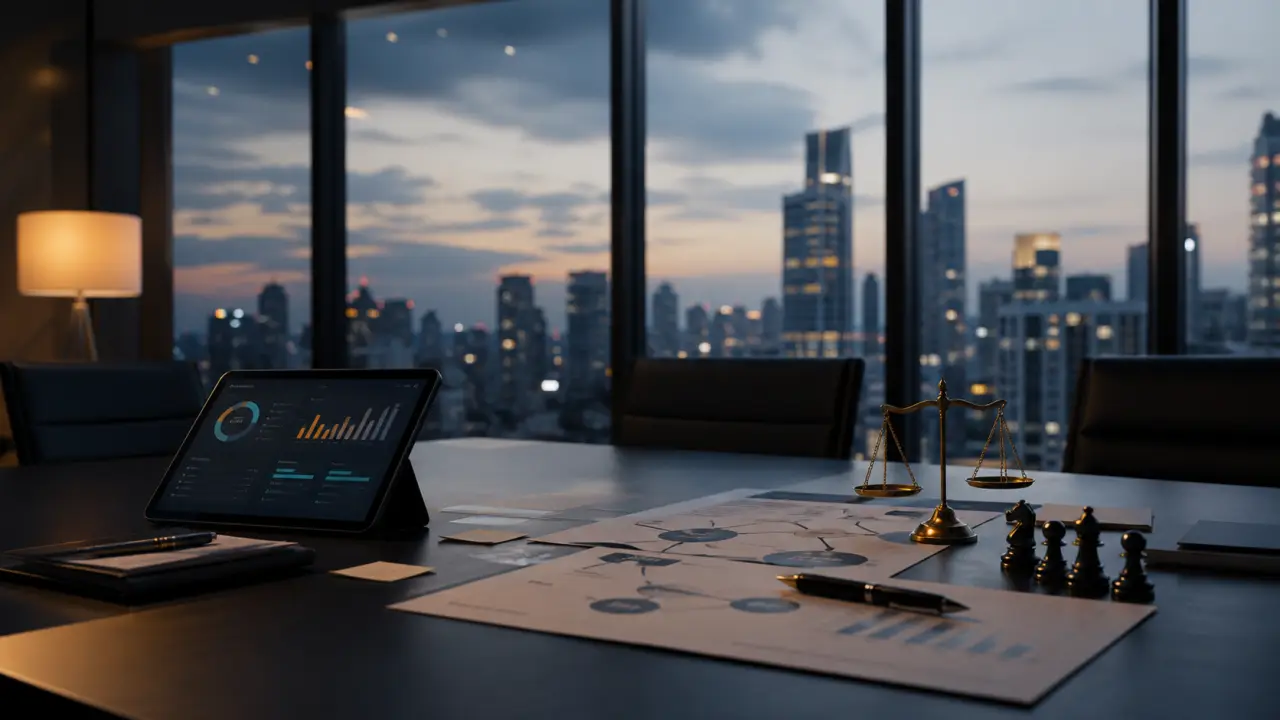 Bureau moderne en verre avec vue sur un quartier d'affaires, ambiance corporate haut de gamme