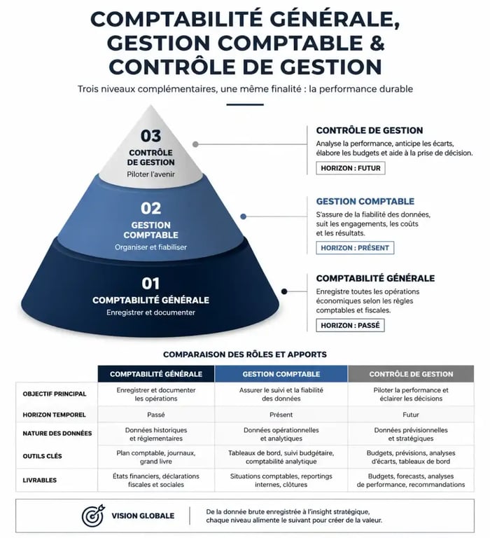 Infographie comparative : gestion comptable vs comptabilité générale vs contrôle de gestion